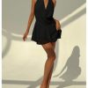Women's Halter Mini Dress Deep V Neck Draped Ruffle Hem Backless Sleeveless Party Dresses