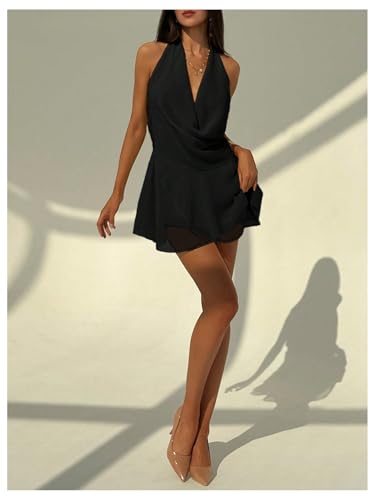 Women's Halter Mini Dress Deep V Neck Draped Ruffle Hem Backless Sleeveless Party Dresses