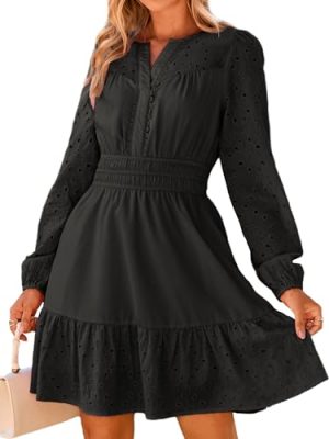 Womens Eyelet Long Sleeve Mini Dress 2025 Fall Boho Embroidery V Neck A Line Casual Short Party Dresses