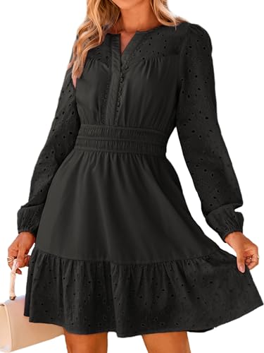 Womens Eyelet Long Sleeve Mini Dress 2025 Fall Boho Embroidery V Neck A Line Casual Short Party Dresses