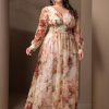 Spring Summer 2024 Plus Size Womens Dresses V Neck Casual Elegant Long Sleeve Floral Print Formal Maxi Dress