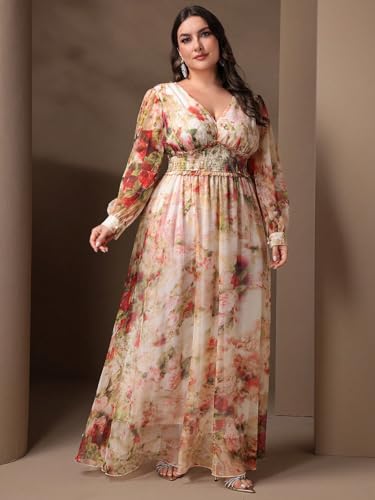 Spring Summer 2024 Plus Size Womens Dresses V Neck Casual Elegant Long Sleeve Floral Print Formal Maxi Dress