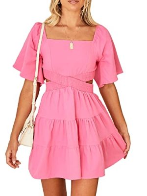 Women's Summer Dress Square Neck Short Sleeves Crossover Waist Casual Party Mini Dress