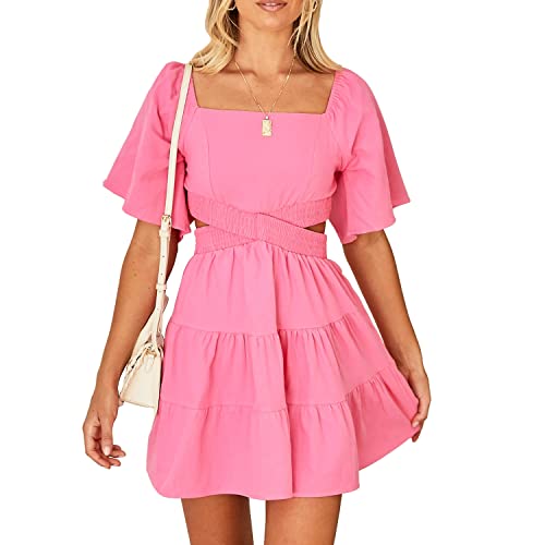 Women's Summer Dress Square Neck Short Sleeves Crossover Waist Casual Party Mini Dress