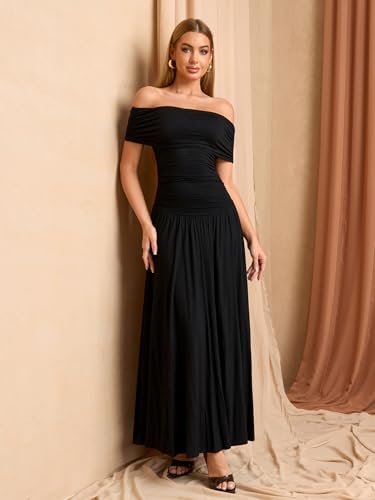 Off The Shoulder Maxi Dress for Women Summer Ruched Bodycon Pleated Flowy Formal Wedding Guest Long Dresses