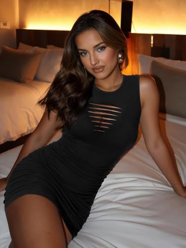 Women 2025 Sexy Summer Bodycon Ruched Party Club Mini Dress Sleeveless Cutout Tight Date Night Tank Short Dresses