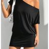 Women's Off The Shoulder Mini Dress Asymmetrical Neck Short Sleeve Casual Bodycon T Shirt Dresses