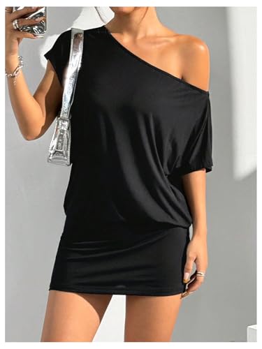 Women's Off The Shoulder Mini Dress Asymmetrical Neck Short Sleeve Casual Bodycon T Shirt Dresses