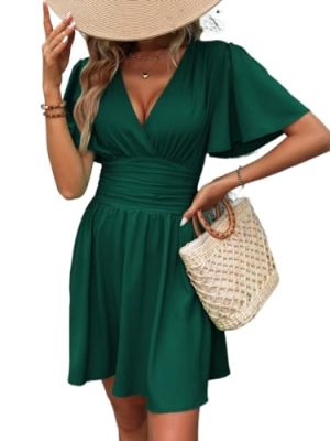 Women's Boho 2025 Summer Mini Dress, Sleeve Ruched Waist Dress