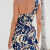 Women's One Shoulder Leaf Print Self-tie Short Dress Sleeveless Tiered Hem Formal Dress Casual Mini Dress
