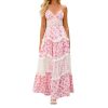 Women Floral Maxi Dress Spaghetti Strap V Neck Patchwork Bohemian Flowy Dresses Summer Fall