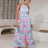 Women's High Split Satin Dress Backless Elegant Wedding Guest Halter Neck Sleeveless Floral Summer Maxi Dresses