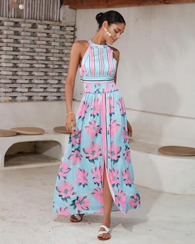 Women's High Split Satin Dress Backless Elegant Wedding Guest Halter Neck Sleeveless Floral Summer Maxi Dresses
