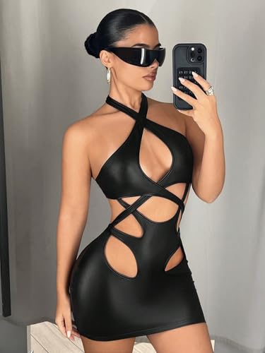Women's Mini Sexy Dress 2025 Summer Sleeveless Neckline Hollow-Out Tight-Fitting Dress
