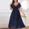 Women's Plus Size Lace Maxi Dress Short Sleeve V Neck Flowy Empire Waist Smocked Back Wedding Guest Dress