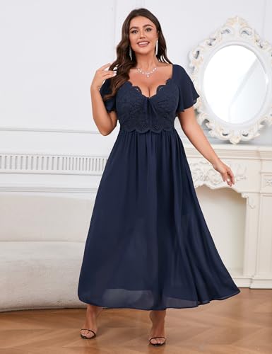 Women's Plus Size Lace Maxi Dress Short Sleeve V Neck Flowy Empire Waist Smocked Back Wedding Guest Dress