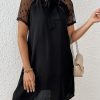 Women's Boho 2025 Summer Mini Dress, Contrast Mesh Raglan Sleeve Tie Neck Tunic Dress