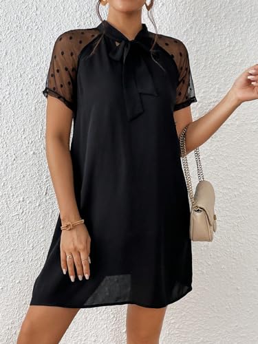 Women's Boho 2025 Summer Mini Dress, Contrast Mesh Raglan Sleeve Tie Neck Tunic Dress