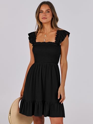 Womens Summer Casual Square Neck Smocked Short Sundress 2025 Spring Beach Vacation Flowy Cute Teen Boho Dresses