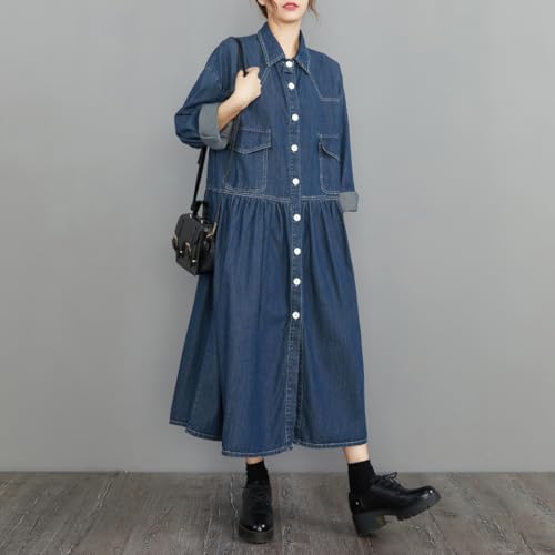 41gMd6rEJbL.jpg Womens Fall Winter A-Line Long Denim Trench Coat Loose Casual Button Down Maxi Jean Shirt Dress