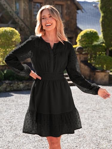 Womens Eyelet Long Sleeve Mini Dress 2025 Fall Boho Embroidery V Neck A Line Casual Short Party Dresses