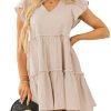 Women's Summer Ruffle Sleeve Flowy Babydoll Mini Dress Casual V Neck Tie Back A Line Tiered Short Dress with Pocket