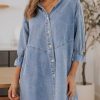 Womens Smocked 3 4 Sleeve Button Down Denim Jeans Dresses