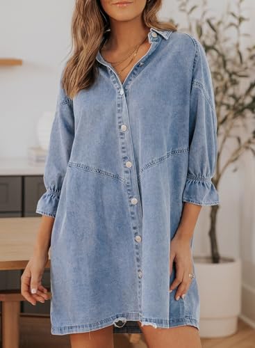 Womens Smocked 3 4 Sleeve Button Down Denim Jeans Dresses