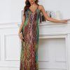 Women's V Neck Spaghetti Straps Sequin Sparkly Glitter Irregular Hem Prom Dress Bcakless Maxi Evening Gowns