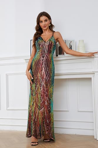 Women's V Neck Spaghetti Straps Sequin Sparkly Glitter Irregular Hem Prom Dress Bcakless Maxi Evening Gowns