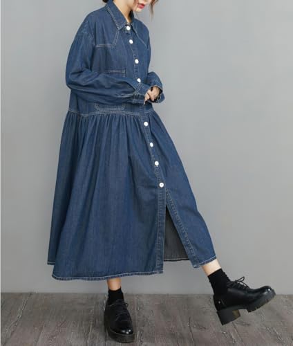 41ggdiMthWL.jpg Womens Fall Winter A-Line Long Denim Trench Coat Loose Casual Button Down Maxi Jean Shirt Dress
