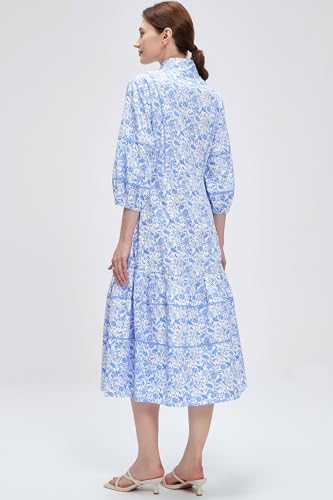 Women V-Neck Floral Maxi Dress Elegant Printed Button Down Puff Sleeve Tiered A-Line Flowy Party Long Dress with Pocket