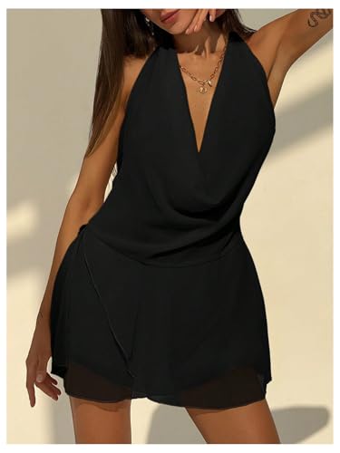 Women's Halter Mini Dress Deep V Neck Draped Ruffle Hem Backless Sleeveless Party Dresses