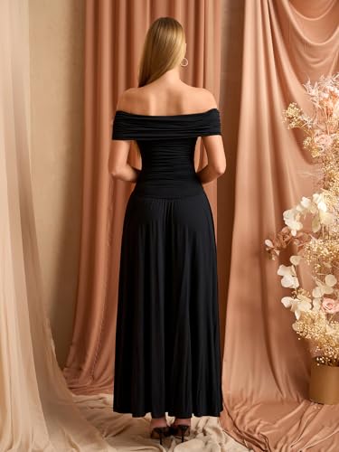 Off The Shoulder Maxi Dress for Women Summer Ruched Bodycon Pleated Flowy Formal Wedding Guest Long Dresses