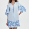 Women Mini Dress Summer 3/4 Puff Sleeves Embroidery Floral Tunic Mini Dress V Neck Loose Zip Party Dresses