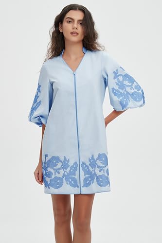 Women Mini Dress Summer 3/4 Puff Sleeves Embroidery Floral Tunic Mini Dress V Neck Loose Zip Party Dresses