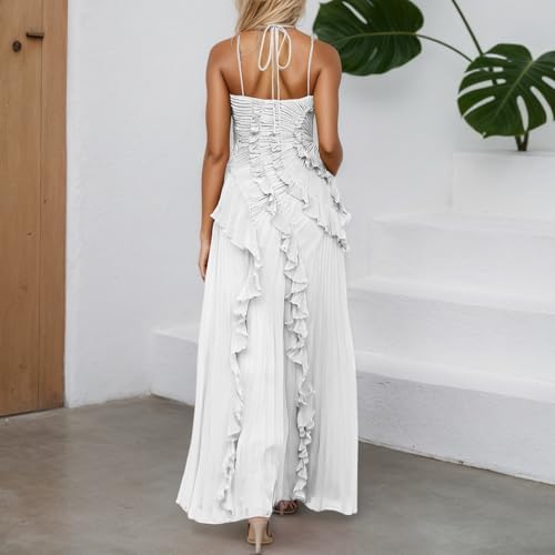 41hwSD3Iv1L.jpg Chiffon Tiered Dresses for Women Formal Halter Sleeveless Flowy Maxi Dress Summer Sexy Irregular Hem Solid Sundresses
