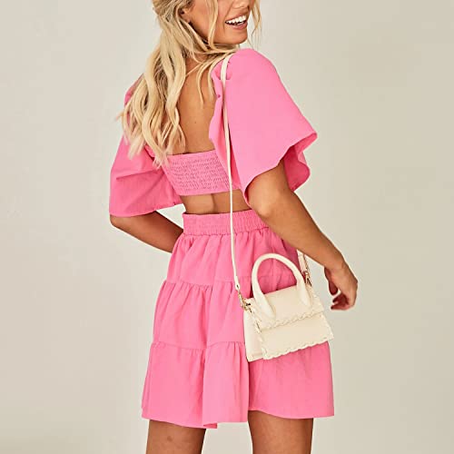 Women's Summer Dress Square Neck Short Sleeves Crossover Waist Casual Party Mini Dress