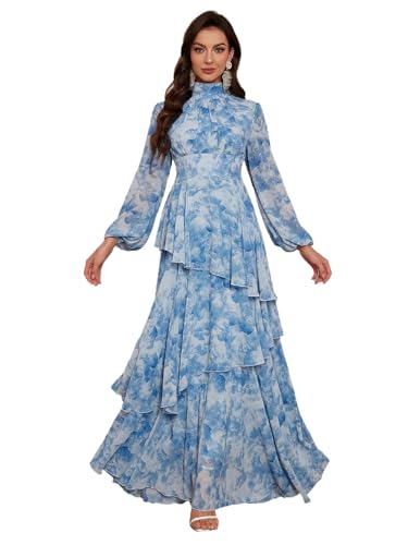 Summer Casual Dresses for Women 2024 Spring Fashion Boho V Neck Long Sleeve Ruffle Floral Print Elegant Maxi Dress
