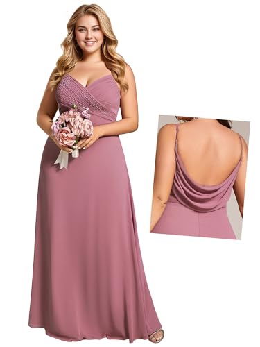 Women's Summer Chiffon Pleated Plus Size Bridesmaid Dresses Sleeveless Formal Gown with Spaghetti Straps