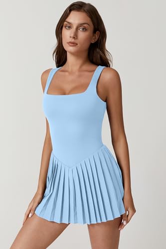Womens Square Neck Tennis Dress Pleated Sleeveless Built in Shorts Golf Athletic Dress with Pockets