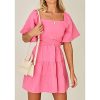 Women's Summer Dress Square Neck Short Sleeves Crossover Waist Casual Party Mini Dress