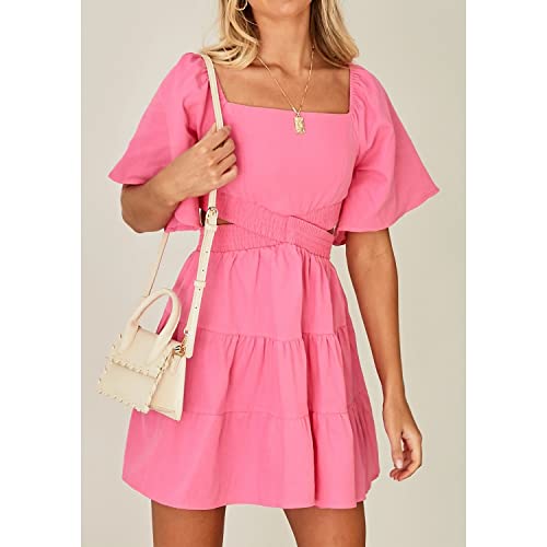 Women's Summer Dress Square Neck Short Sleeves Crossover Waist Casual Party Mini Dress