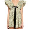 Women's Floral Print Mini Dress V Neck Puff Sleeve Dress Short Babydoll Bow Dress