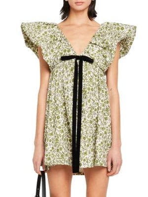 Women's Floral Print Mini Dress V Neck Puff Sleeve Dress Short Babydoll Bow Dress