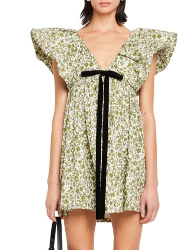 Women's Floral Print Mini Dress V Neck Puff Sleeve Dress Short Babydoll Bow Dress