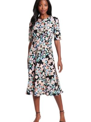 Womens Elbow Sleeve A-line Midi-Pretty Garden Party Special Occasion Wedding Guest Dress