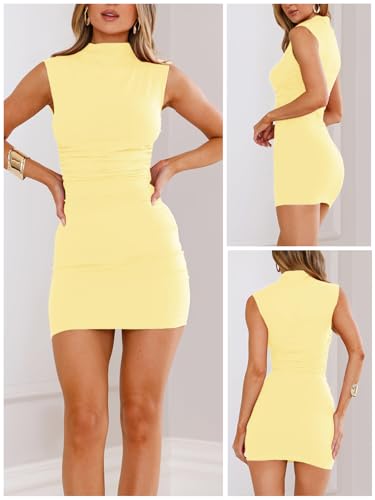 Women's Sexy Summer Casual Mock Neck Sleeveless Bodycon Dresses Ruched Turtleneck Cocktail Party Mini Dress