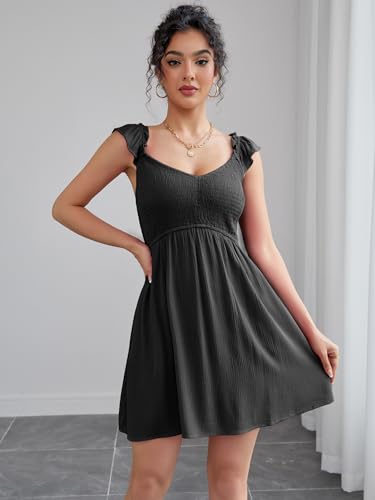 Women's Smocked A-Line Mini Dress Summer Sleeveless Ruffle Strap Flowy Crinkled Sundresses