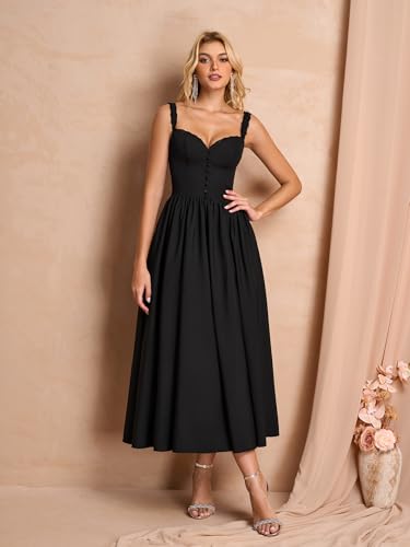 Summer Corset Midi Dress Formal Flowy A Line Lace Spaghetti Strap Wedding Guest Dresses for Women Sundress with Pockets